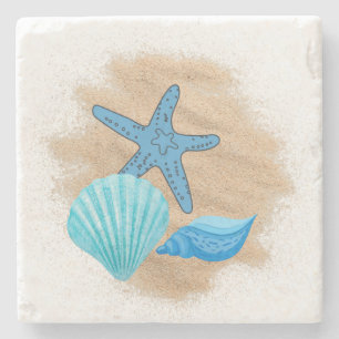 Blue Seashells on Beach Coasters