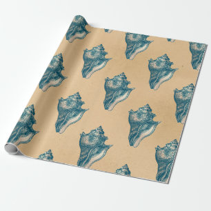 Blue Seashells on Tan Wrapping Paper
