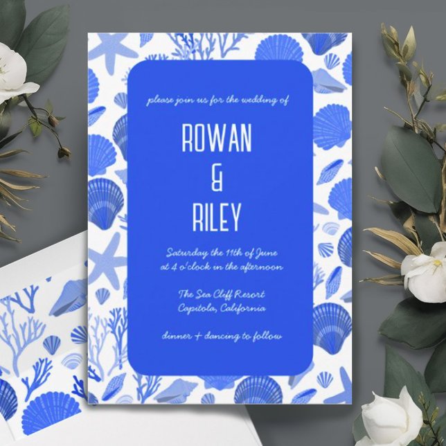 Blue Seashells Pattern Chic Beach Wedding Party  Invitation (Blue seashell pattern custom invitation. Check out matching envelopes and RSVP cards too)