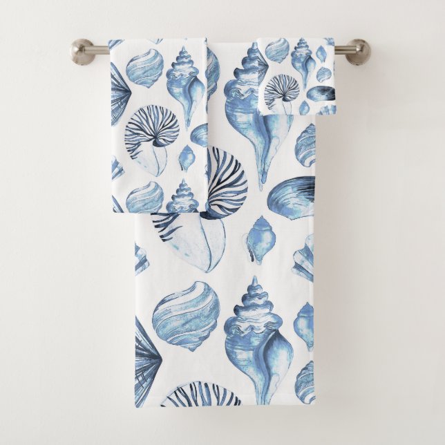 Blue Seashells Pattern on White Bath Towel Set (Insitu)