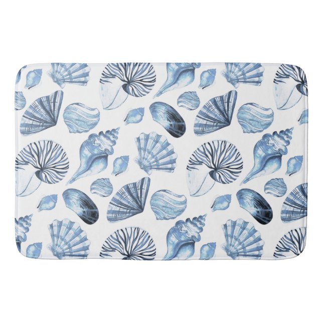 Blue Seashells Pattern on White Beach House Bath Mat (Front)