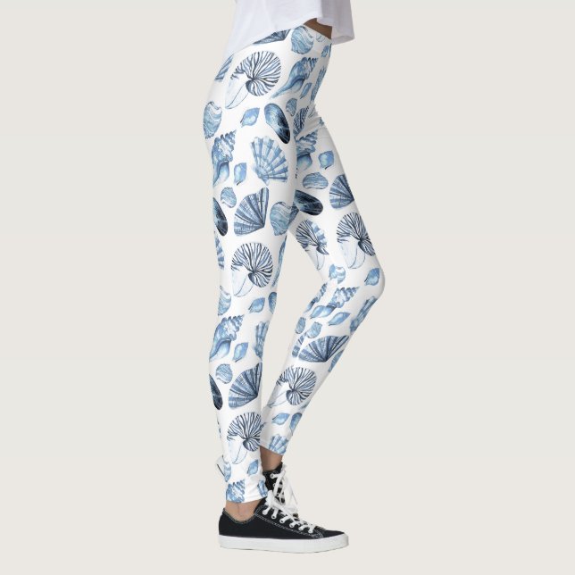 Blue Seashells Pattern on White Leggings (Right)