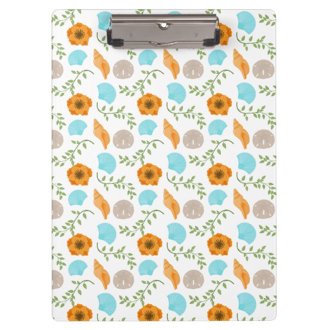 Blue Seashells Sea Snail Orange Flower Clipboard (Front)