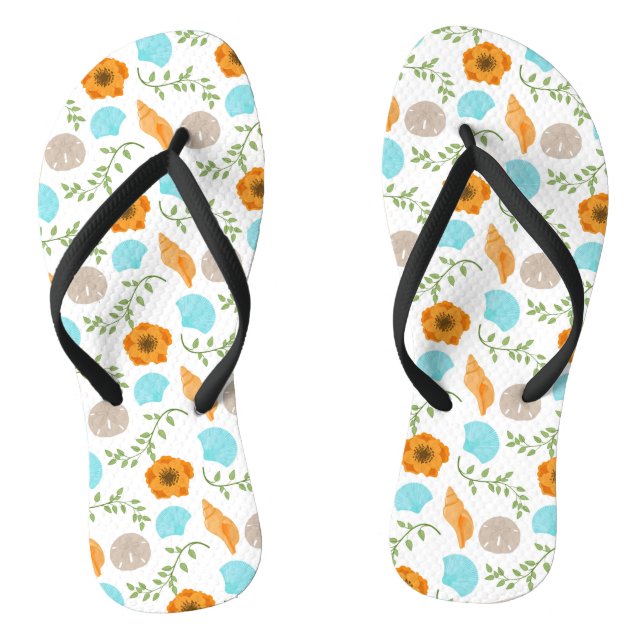 Blue Seashells Sea Snail Orange Flower Jandals (Footbed)