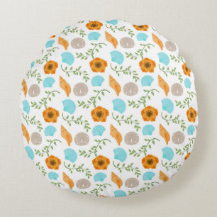 Blue Seashells Sea Snail Orange Flower Round Cushion