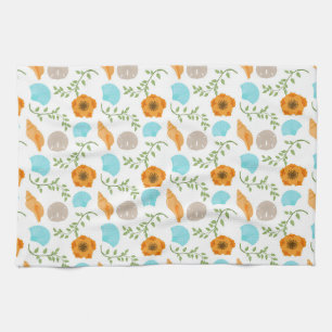 Blue Seashells Sea Snail Orange Flower Tea Towel