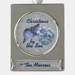 Blue Seashells Silver Faux Glitter Xmas by the Sea Silver Plated Banner Ornament