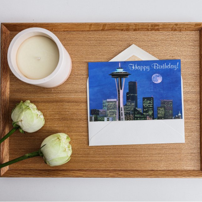 Blue Seattle Skyline Happy Birthday Card (Creator Uploaded)