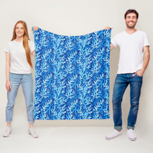 Blue Seaweed Coastal Textile Pattern Fleece Blanket