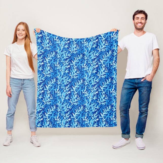 Blue Seaweed Coastal Textile Pattern Fleece Blanket (In Situ)