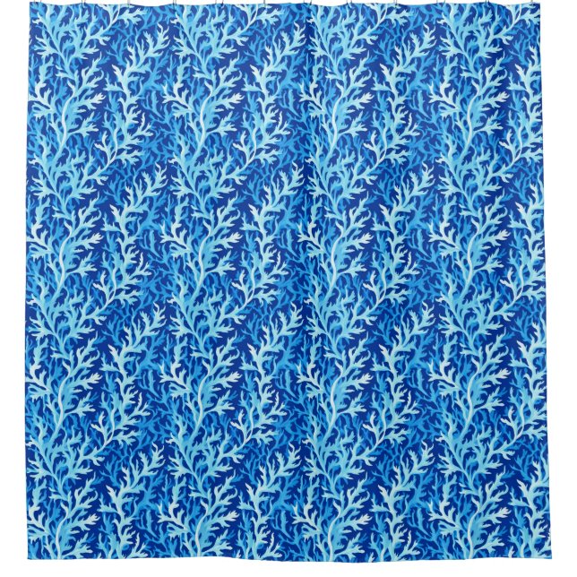 Blue Seaweed Coastal Textile Pattern Shower Curtain (Front)