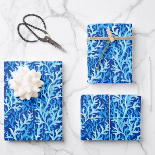 Blue Seaweed Coastal Textile Pattern Wrapping Paper Sheet