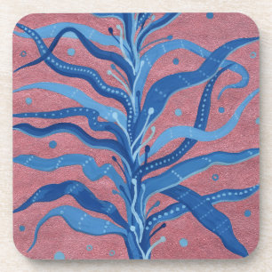 Blue Seaweed Rose Taupe Underwater Absract Floral Coaster
