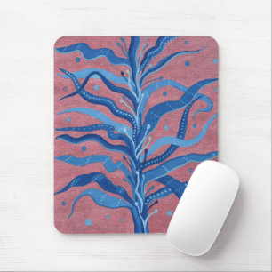 Blue Seaweed Rose Taupe Underwater Absract Floral Mouse Pad