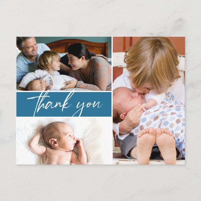 Blue Second baby Multi photo Thank You  Announcement Postcard (Front)
