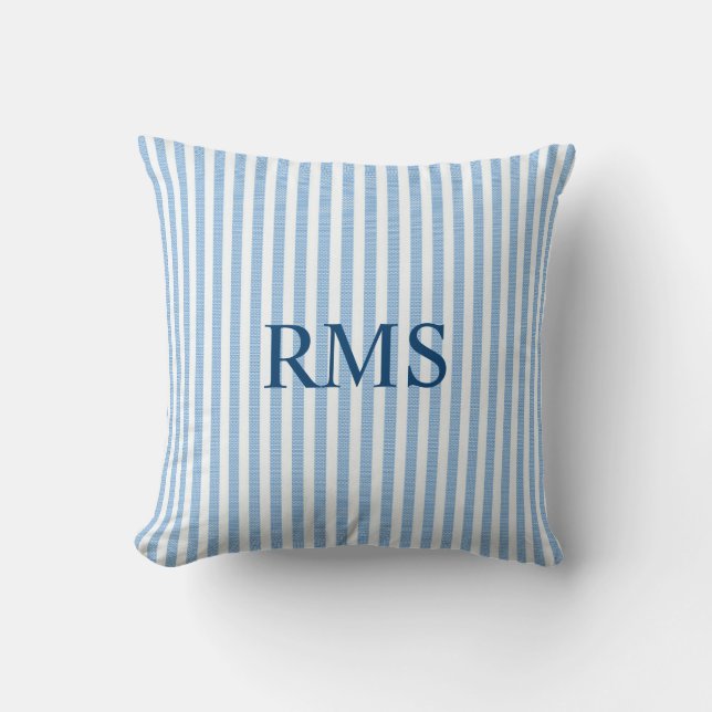 BLUE SEERSUCKER Stripe Pattern, Optional Monogram Cushion (Front)