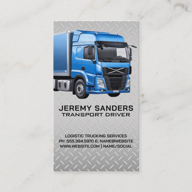 Blue Semi Truck | Diamond Plate Steel Background Business Card (Front)