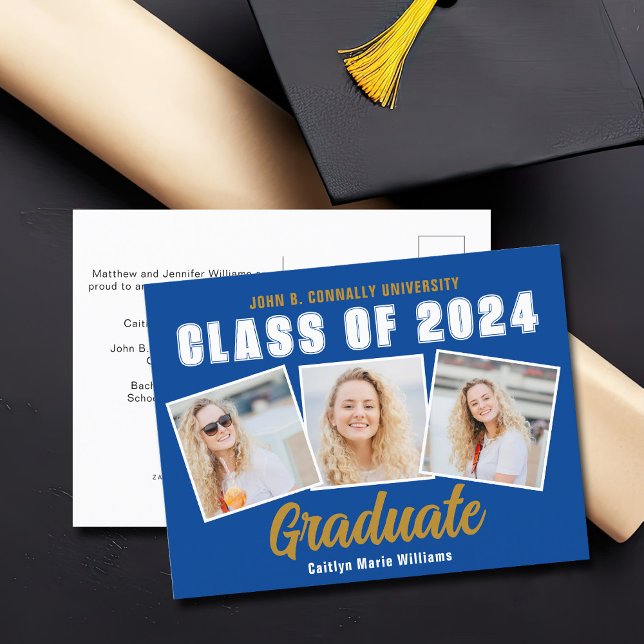 Blue Senior Photo Collage Class of 2025 Graduation Announcement Postcard (Creator Uploaded)