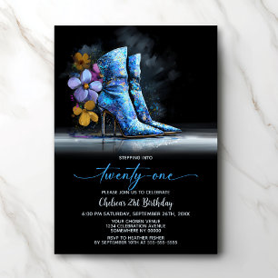 Blue Sequin Boots 21st Birthday Party Invitation