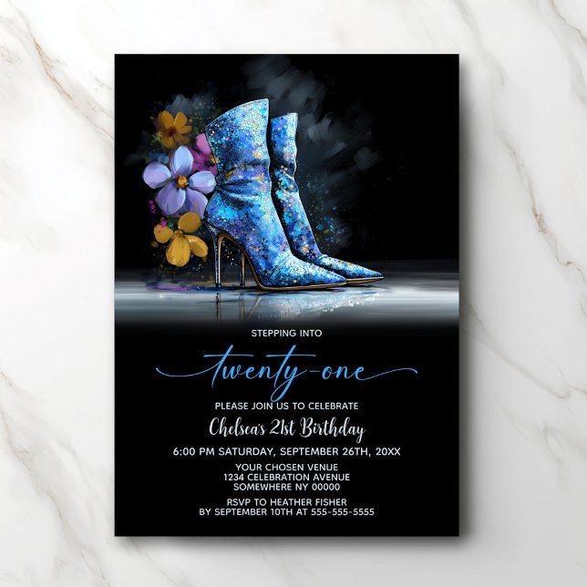 Blue Sequin Boots 21st Birthday Party Invitation (Creator Uploaded)