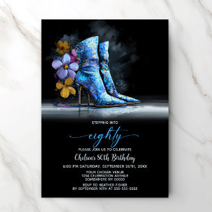 Blue Sequin Boots 80th Birthday Party Invitation