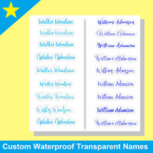 (Blue Set of 18) Transparent Simple Name Stickers