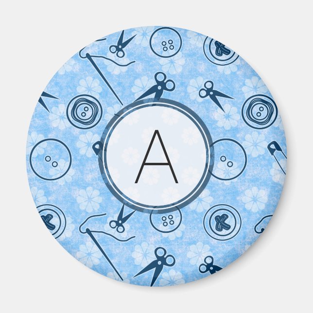 Blue Sewing Pattern with Monogram Magnet (Front)