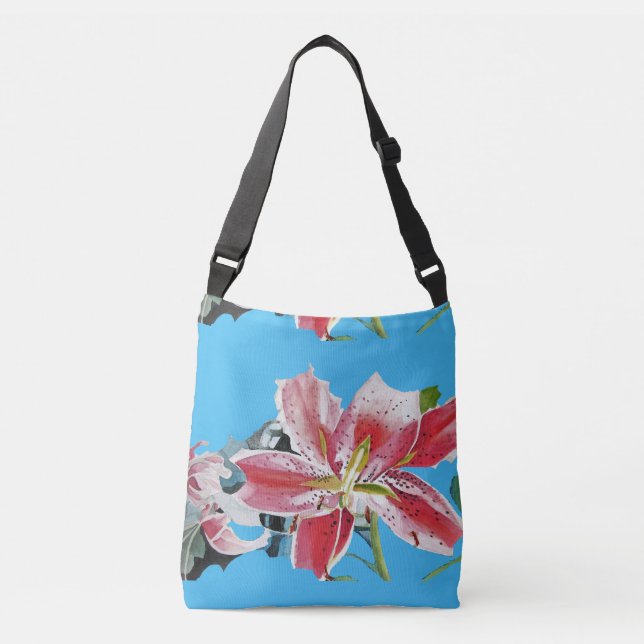 Blue Shabby Lily Watercolor Crossbody Bag Aqua (Front)