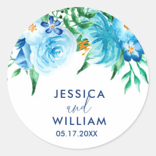 Blue Shades Florals Watercolor  Wedding Classic Round Sticker