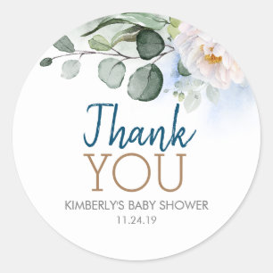 Blue Shades Greenery and White Flower Baby Shower Classic Round Sticker