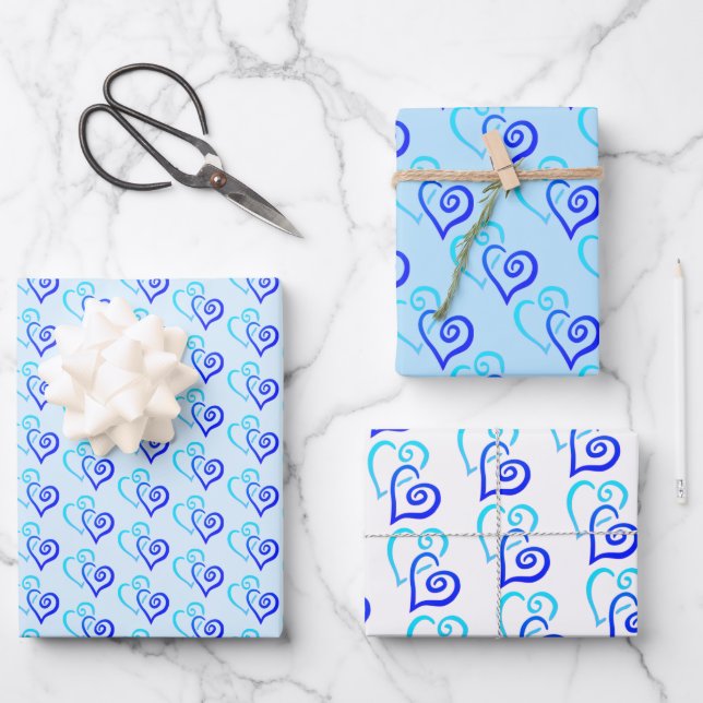 Blue Shades Two Linked Heart Pattern Wrapping Paper Sheet (Front)