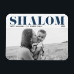 Blue Shalom Bold Typography Happy Hanukkah Photo Magnet<br><div class="desc">Happy Hanukkah! Send Hanukkah wishes to family and friends with this customisable modern Hanukkah magnet. It features SHALOM in bold typography. Personalise by adding names and a photo. This photo Happy Hanukkah magnet is available in other cardstock.</div>