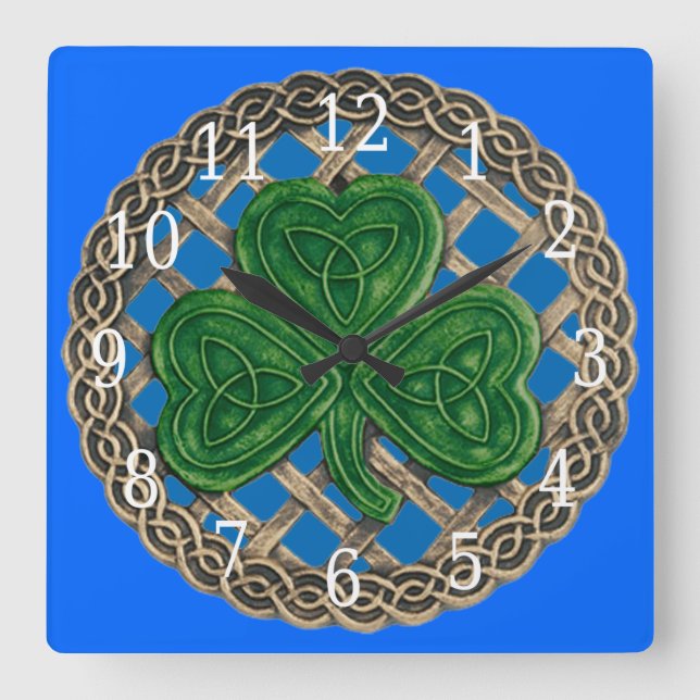 Blue Shamrock And Celtic Knots Square Clock (Front)