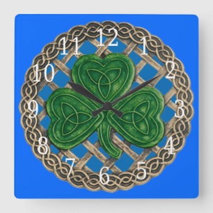 Blue Shamrock And Celtic Knots Square Clock