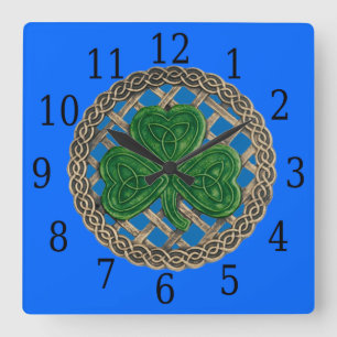 Blue Shamrock And Celtic Knots Square Clock