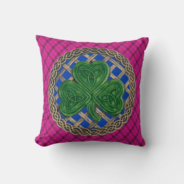 Blue Shamrock Celtic Knots On Pink Plaid Cushion (Front)