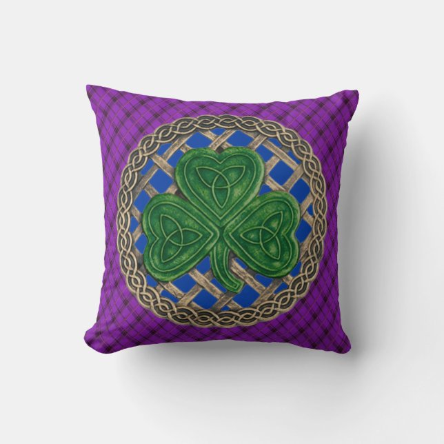 Blue Shamrock Celtic Knots On Purple Plaid Cushion (Front)