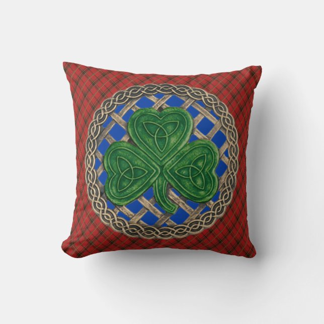 Blue Shamrock Celtic Knots On Red Plaid Cushion (Front)