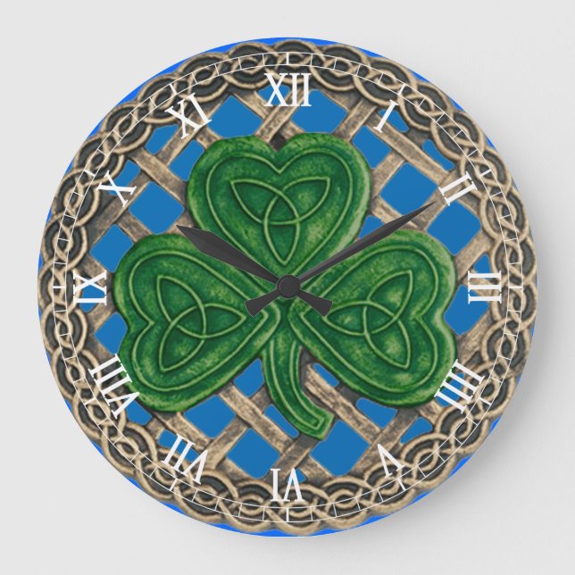 Blue Shamrock & Celtic Knots Roman Numeral Clock (Front)