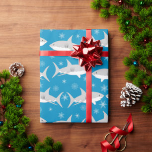 Blue Shark and Snowflake Christmas Design Wrapping Paper