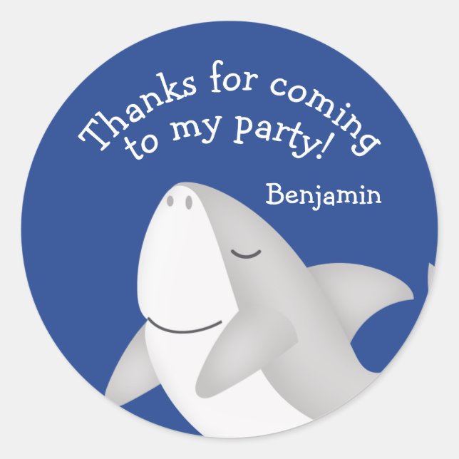Blue Shark Birthday Favour Thank You Classic Round Sticker (Front)