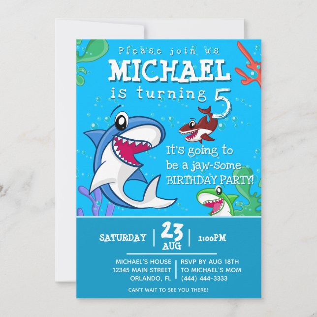 Blue Shark Cute Sea Life Kids Birthday Pool Party Invitation (Front)