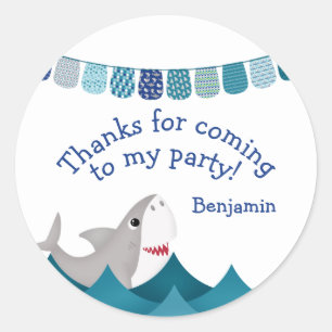 Blue Shark Nautical Birthday Favour Thank You Classic Round Sticker