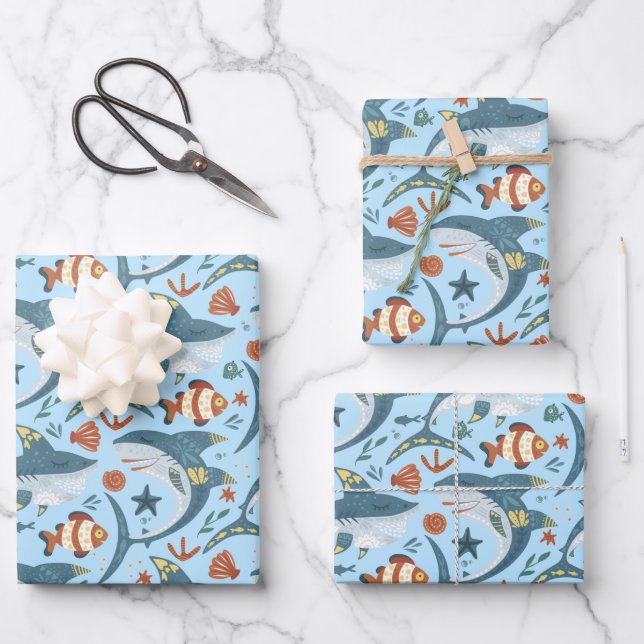 Blue Shark Ocean Sea Fish Animal Birthday Wrapping Paper Sheet (Front)