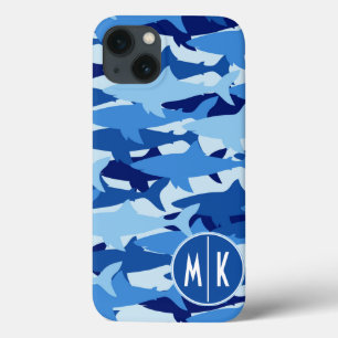 Blue Shark Pattern Monogram iPhone 13 Case