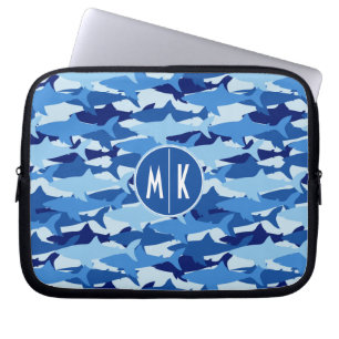 Blue Shark Pattern Monogram Laptop Sleeve