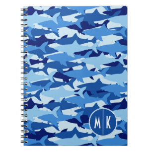 Blue Shark Pattern Monogram Spiral Notebook
