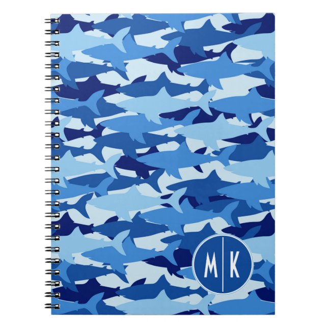 Blue Shark Pattern | Monogram Spiral Notebook (Front)