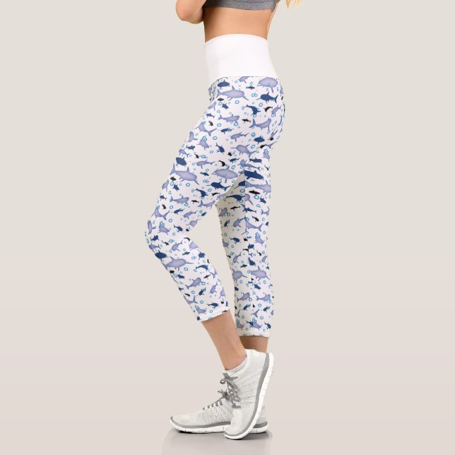 Blue Shark Silhouette Pattern Capri Leggings (Left)