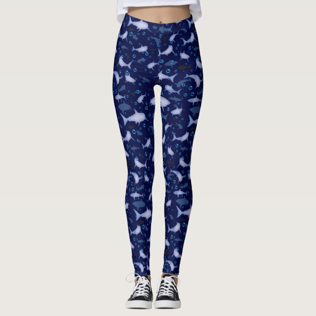 Blue Shark Silhouette Pattern Leggings (Front)